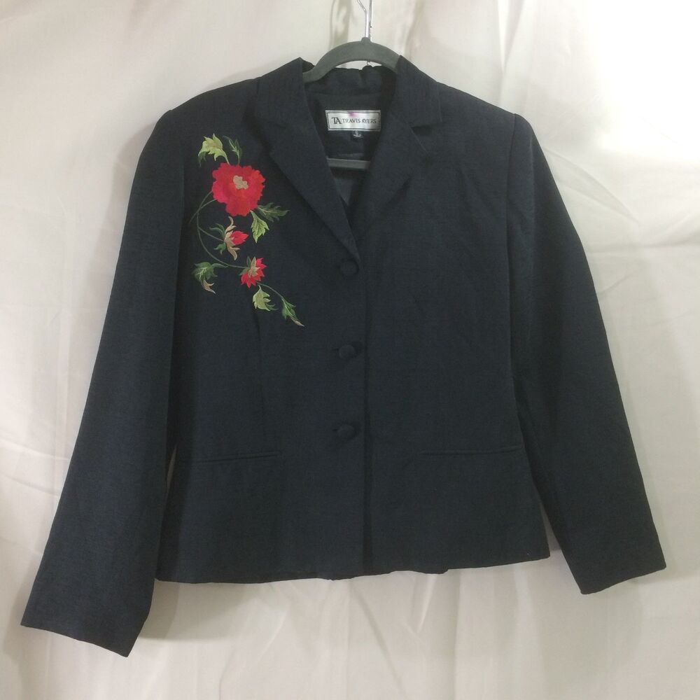 Vintage 90s Travis Ayers Silk Floral Embroidered Blazer Black Size 8 Jacket